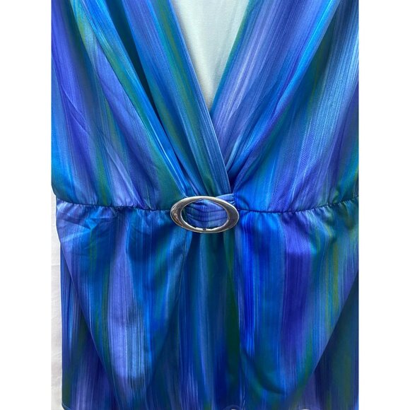 Women's Size LG Blue & Green Cap Sleeve V-Neck Pull-over Blouse w Buckle Accent - Picture 4 of 9